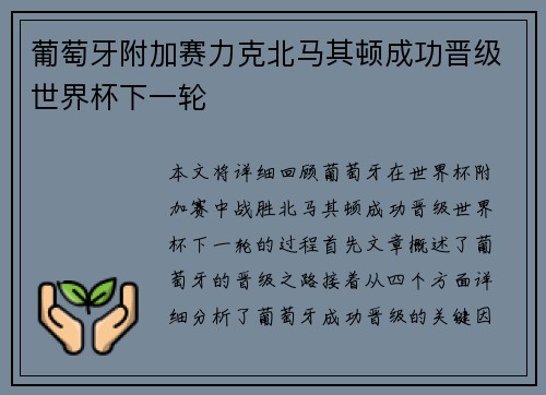 葡萄牙附加赛力克北马其顿成功晋级世界杯下一轮